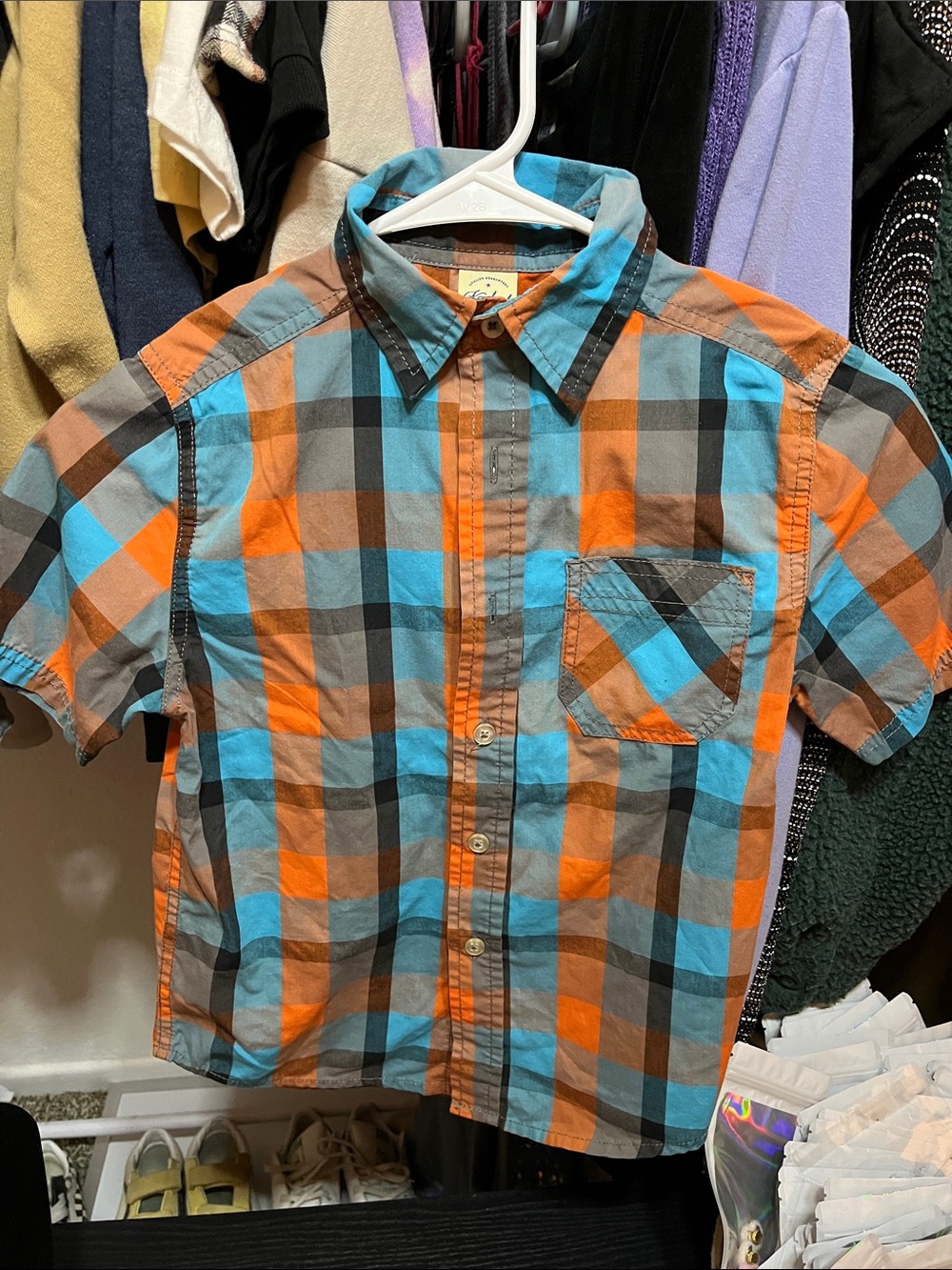 Faded Glory Orange & Blue Plaid Short Sleeve Button-Up Shirt